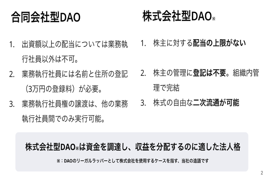 合同会社型DAOと株式会社型DAOとの比較